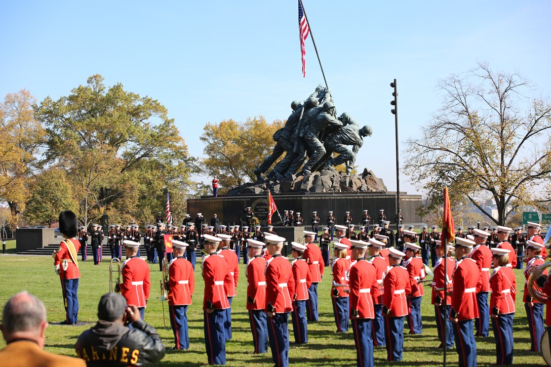 On Nov. 10, 2014, the Marine Band, led by Drum Major Master Sgt. Duane King, performed at the memorial ceremony commemorating the 239th anniversary of the United States Marine Corps at the Marine Corps War Memorial in Arlington, Va. Marine Corps Commandant Gen. Joseph Dunford Jr. and guest of honor Virginia Senator Tim Kaine spoke and layed a wreath in honor of all Marines who have given their lives in service of the country since 1775.  (U.S. Marine Corps photo by Master Sgt. Kristin duBois/released)
