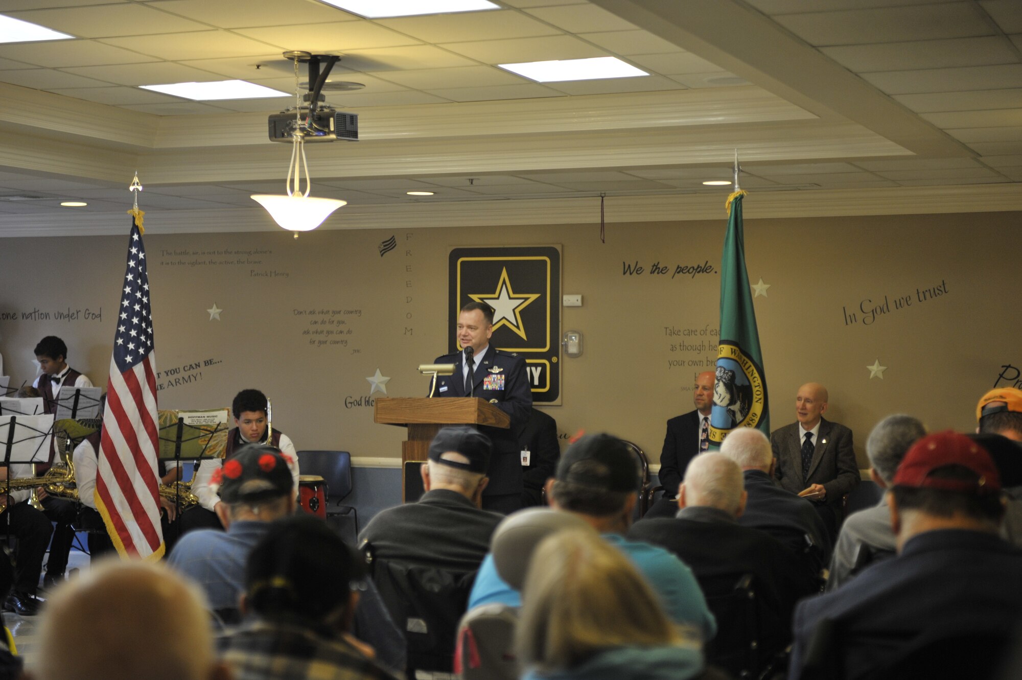 Col. Charles McDaniel, 92nd Air Refueling Wing commander, speaks to the residents of the Spokane Veterans Home Nov. 8, 2014, in Spokane, Wash. McDaniel spoke to the residents of the Veterans Home and thanked them for their service to the nation. (U.S. Air Force photo/Airman 1st Class Taylor Bourgeous)