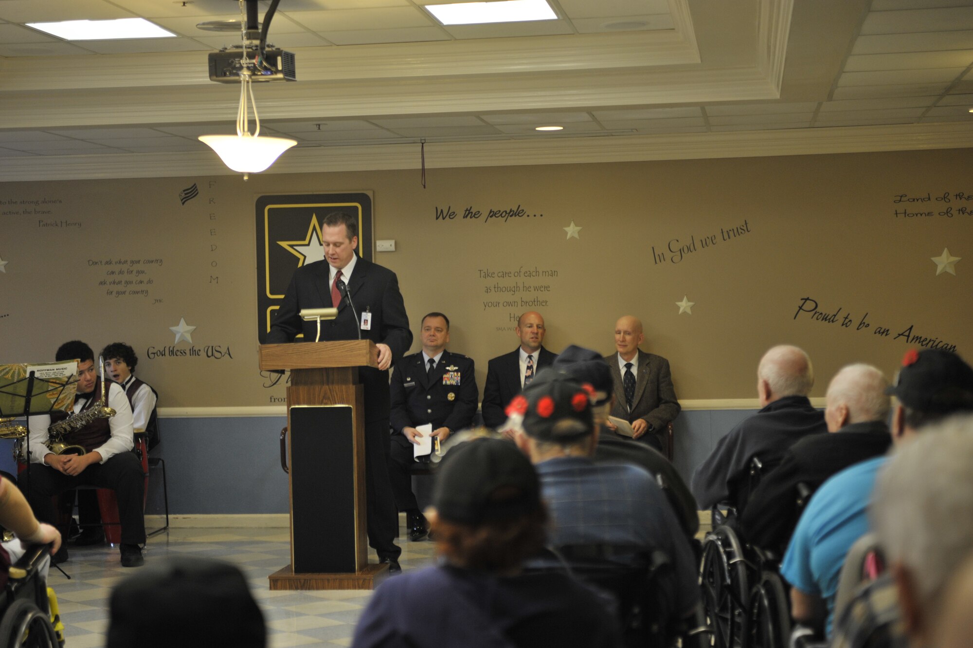 Brian Teed, Superintendent of the Spokane Veterans Home, welcomes the residents of the home to a Veterans Day observance on Nov. 8, 2014, in Spokane, Wash. Teed thanked the veteran’s home residents for their service and other attendees for their support. (U.S. Air Force photo/Airman 1st Class Taylor Bourgeous)