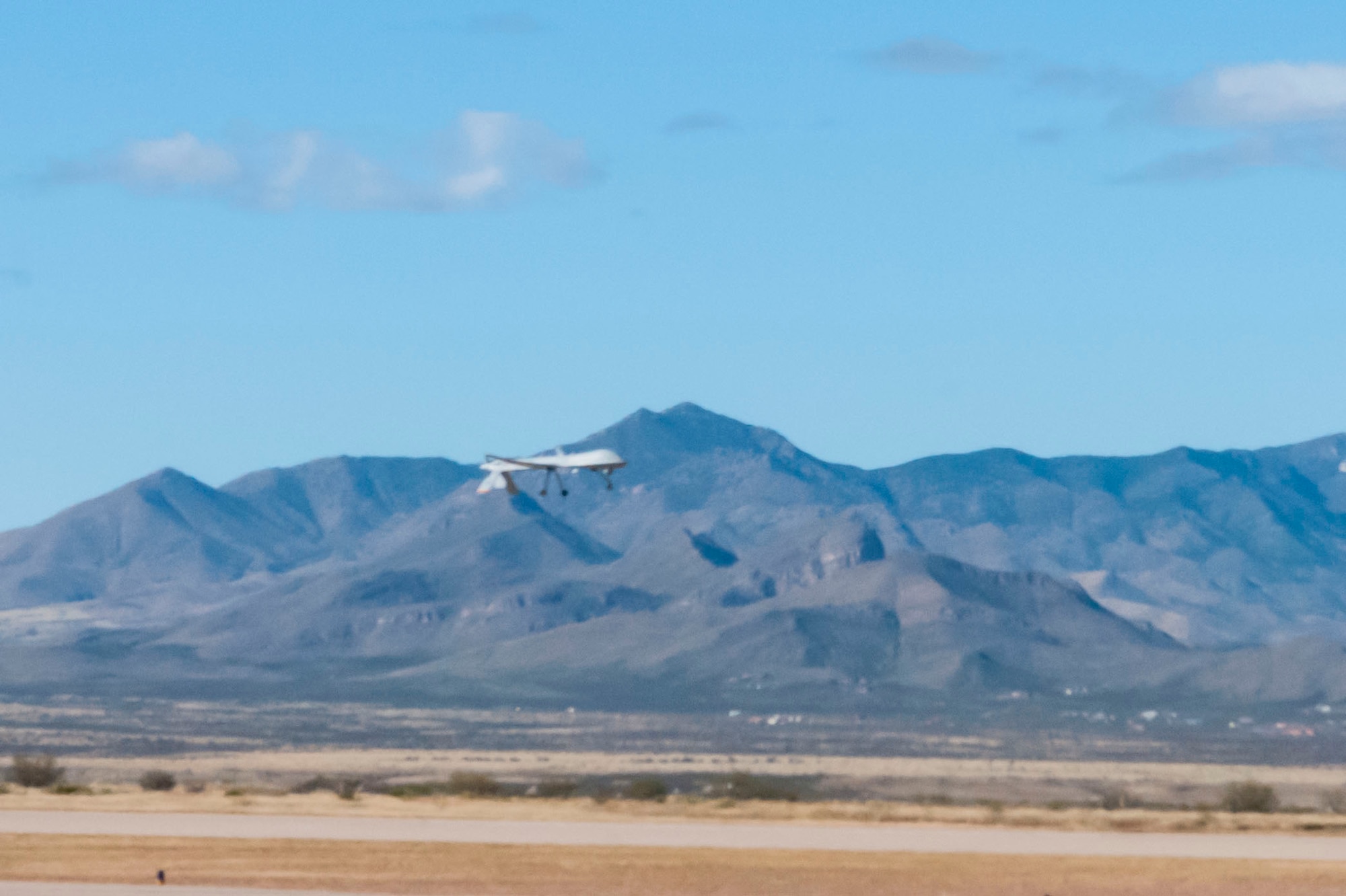 The Arizona Air National Guard MQ-1 Predator from the 162nd Wing lifted off and flew a set flight patterns at Libby Army Airfield, Nov. 5, marking the Arizona Air National Guard's first Predator flight on U.S. soil. (U.S. Air National Guard photo taken by 2nd Lt. Lacey Roberts)