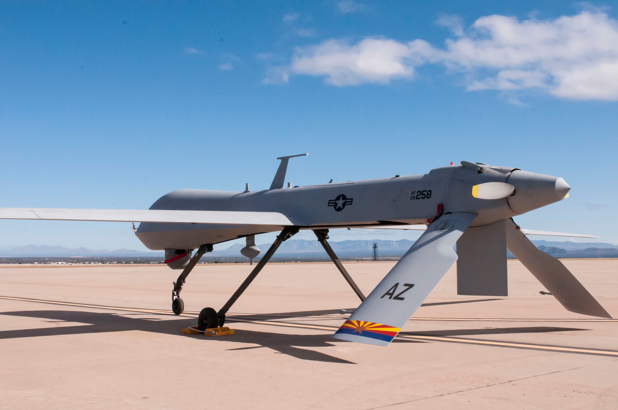 The Arizona Air National Guard Predator on the runway awaiting taxi and takeoff for its maiden flight at Libby Army Airfield, Fort Huachuca. (U.S. Air National Guard photo taken by 2nd Lt. Lacey Roberts)