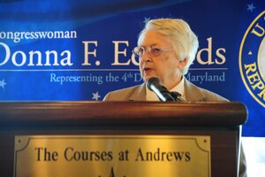 Brig. Gen. Wilma Vaught (Ret.) speaks at The Courses at Jount Base Andrews, Md., Nov. 10, 2014. Vaught attended Veteran's History Day in celebration of women service members history serving in the U.S. military. (U.S. Air Force photo/Airman 1st Class Joshua r. M. Dewberry) 