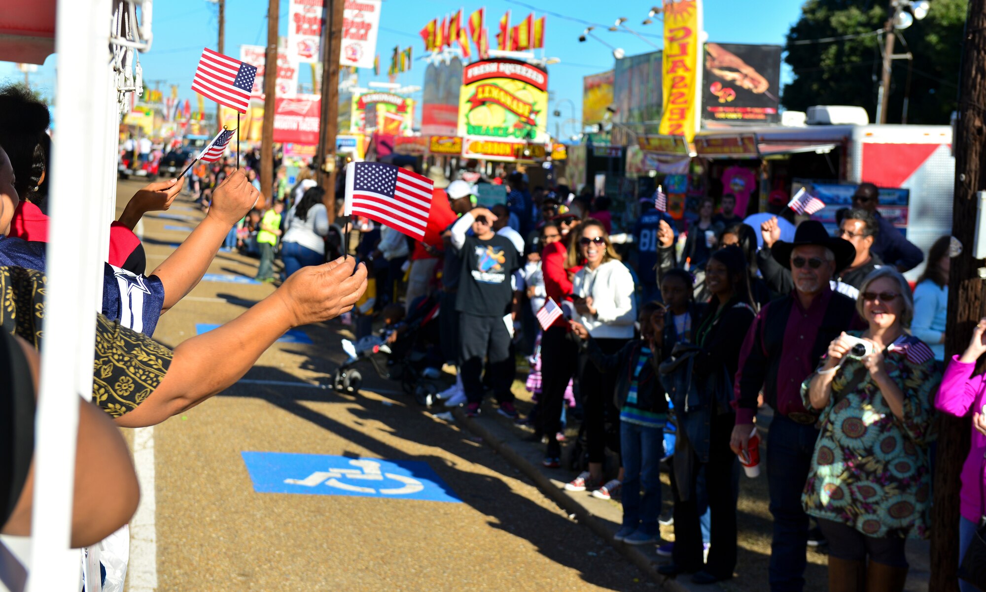 Armed Forces veterans and their families wave U.S. flags during the 2014 Veterans Day parade at Shreveport, La., Nov. 9, 2014. Spectators gathered on the grounds of the Louisiana State Fair to honor veterans participating in the festivities. (U.S. Air Force photo/Airman 1st Class Mozer Da Cunha)
