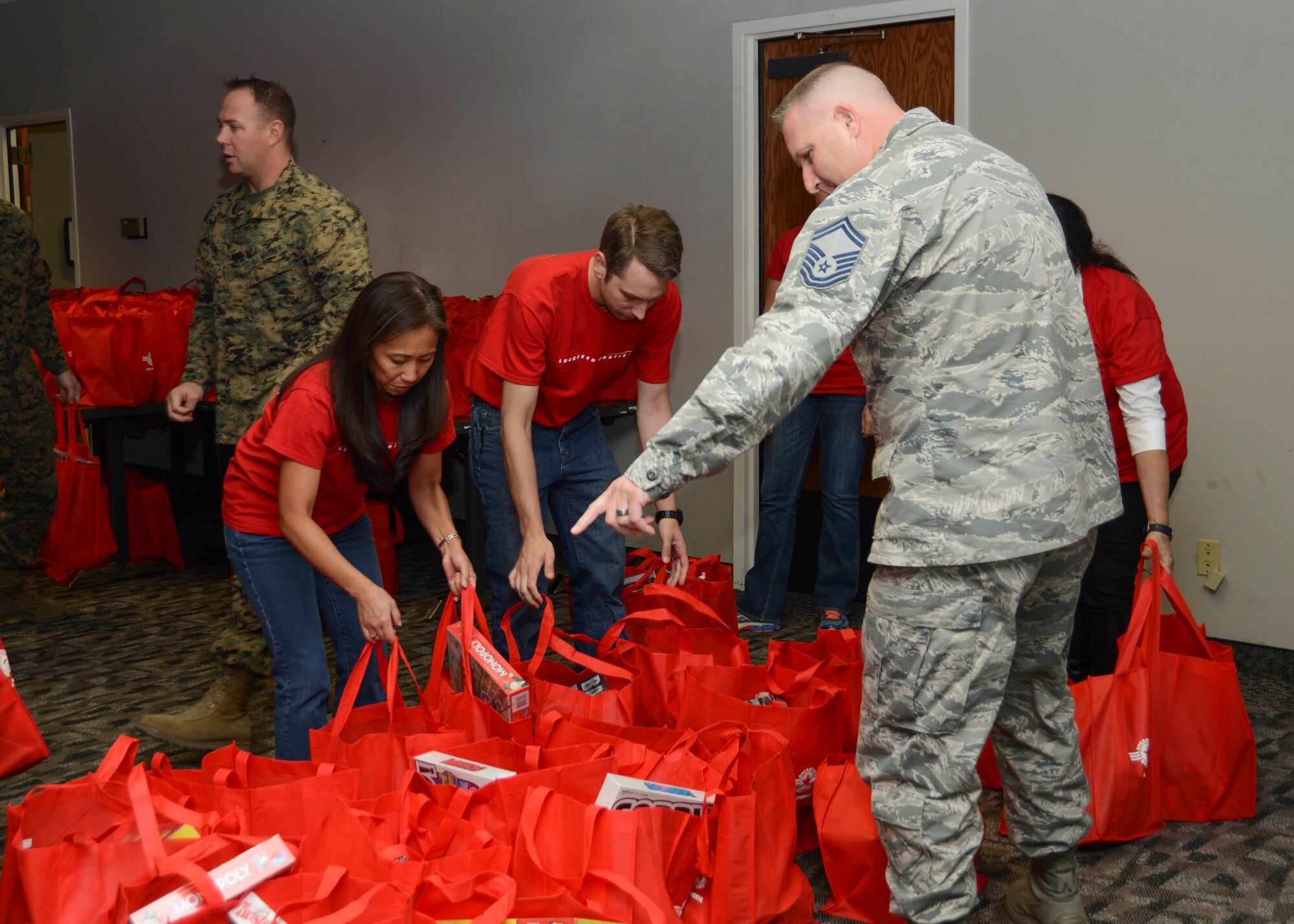 Each of the 250 bags is stuffed with perishable food items and a $25 gift card for the Edwards Commissary. (U.S. Air Force photo by Rebecca Amber)