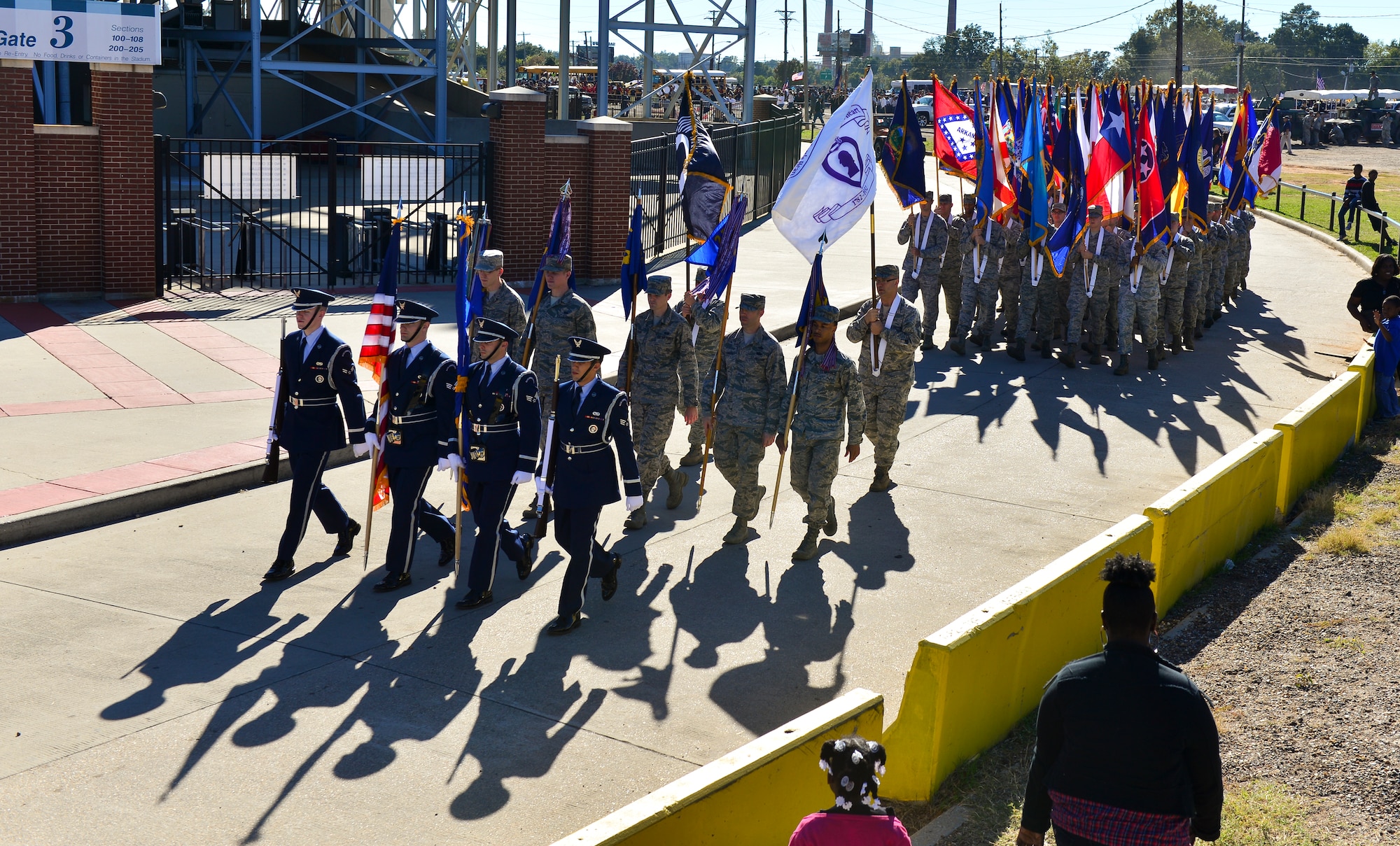 Airmen from Barksdale Air Force Base participate in the 2014 Veterans Day parade at Shreveport, La., Nov. 9, 2014. Veterans Day is a national holiday held on Nov. 11 to honor military members past and present. (U.S. Air Force photo/Airman 1st Class Mozer Da Cunha)