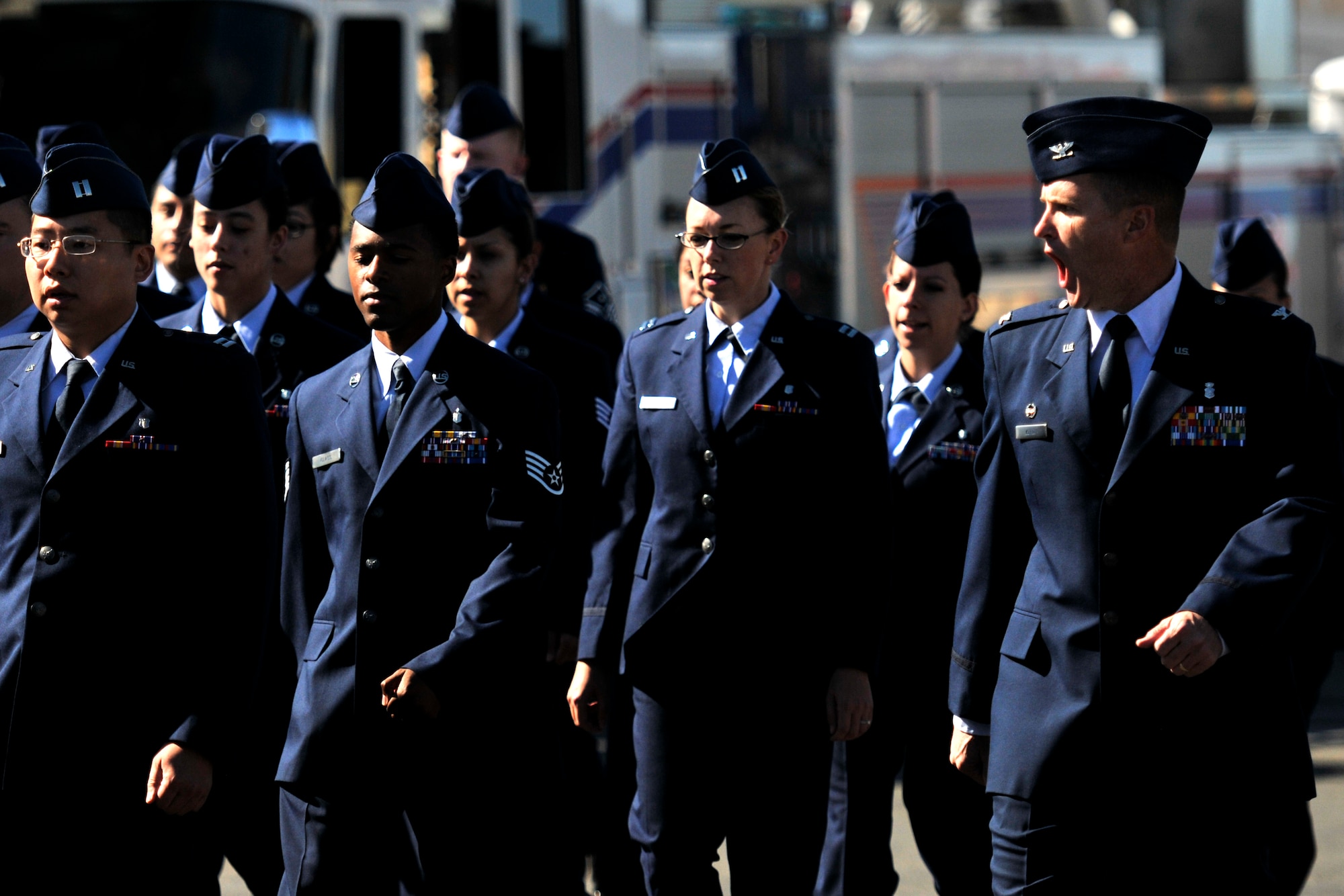 SAN ANGELO, Texas – Col. Kelly Klein, 17th Medical Group Commander, marches a flight during the Veterans Day parade Nov. 8. Over 500 service members marched in the annual parade. (U.S. Air Force photo/ Airman 1st Class Scott Jackson)