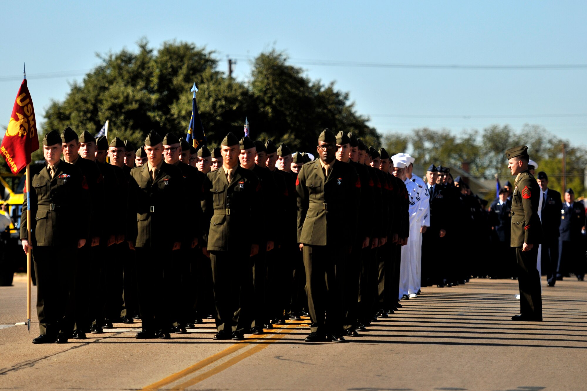 SAN ANGELO, Texas – The Marine Corps formation awaits instruction to march during the Veterans Day parade Nov. 8. The city hosted its annual parade in honor of those serving and those who have served the country. (U.S. Air Force photo/ Airman 1st Class Scott Jackson)