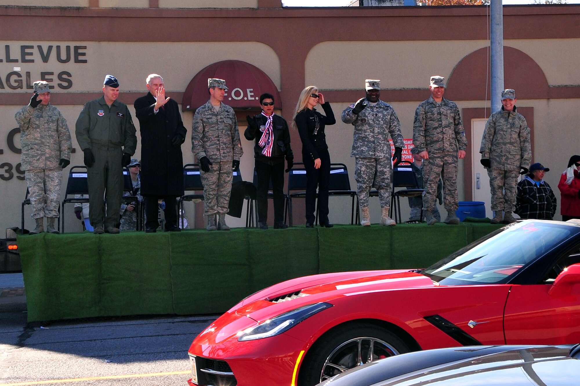 Grand Marshal of Nebraska’s Official 2014 Veterans Day Parade Lt. Gen. (Ret.) Robert Hinson, former Deputy Commander in Chief, U.S. Strategic Command and Air Force Space Command vice commander, third from the left, joins Bellevue and Offutt leadership at the annual Veterans Day Parade Nov. 8. The parade runs along Mission Avenue ends with the annual chili/soup feed at Mission Middle School. (U.S. Air Force photo by D.P. Heard/Released)