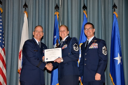 U.S. Air Force members at Joint Base San Antonio receive their Community College of the Air Force degrees Nov. 7, at a ceremony in the Fleenor Auditorium at Joint Base San Antonio-Randolph.  CCAF is federally-chartered degree-granting institution that serves the United States Air Force’s enlisted total force.  (U.S. Air Force photo/Desiree Palacios)