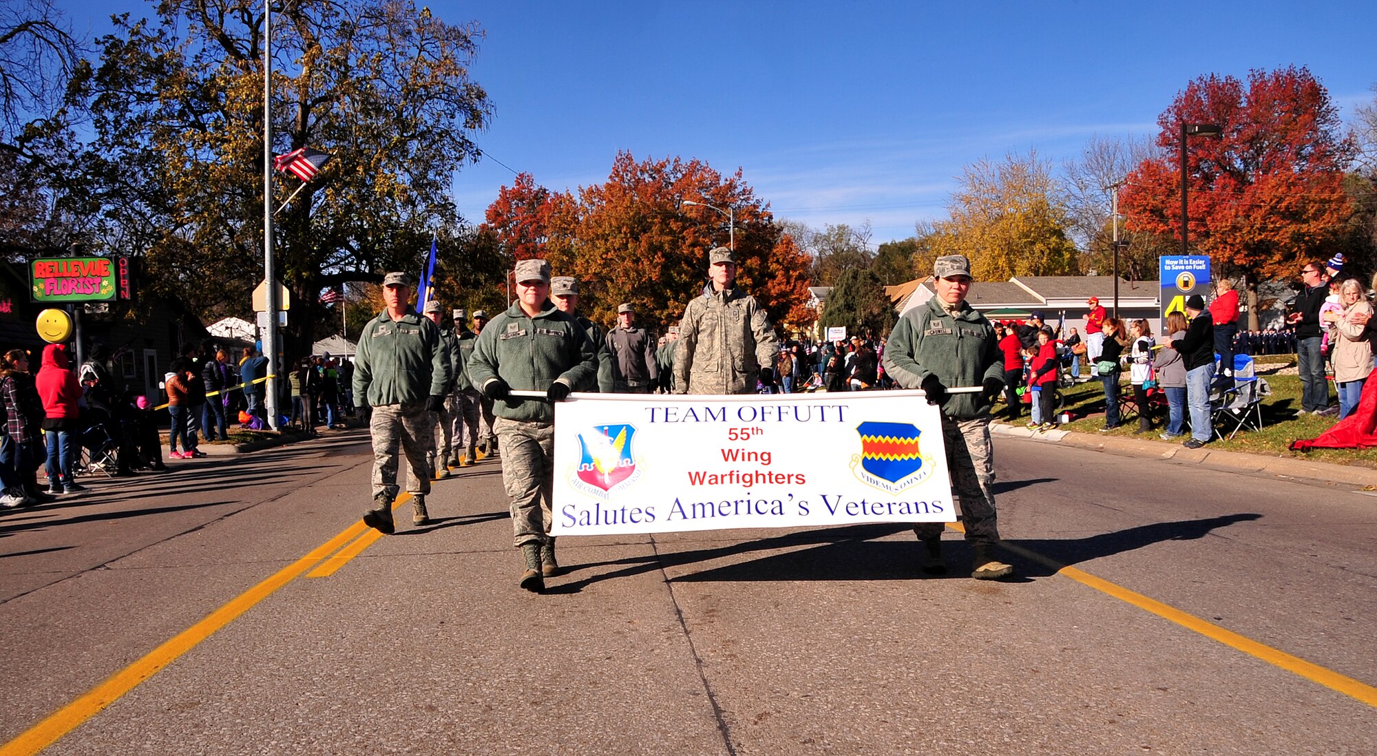 Members of the 55th Wing at Offutt march in the annual Veterans Day Parade in Bellevue, Neb. Nov. 8. The parade runs along Mission Avenue in and ends with the annual chili/soup feed at Mission Middle School. (U.S. Air Force photo by D.P. Heard/Released)