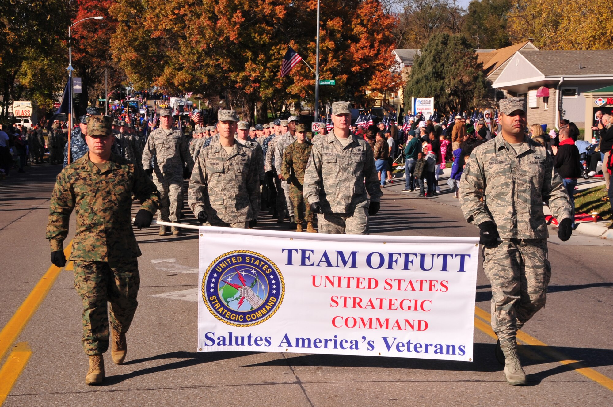 Members of U.S. Strategic Command march in the annual Veterans Day Parade in Bellevue, Neb. Nov. 8. The parade runs along Mission Avenue and ends with the annual chili/soup feed at Mission Middle School. (U.S. Air Force photo by D.P. Heard/Released)