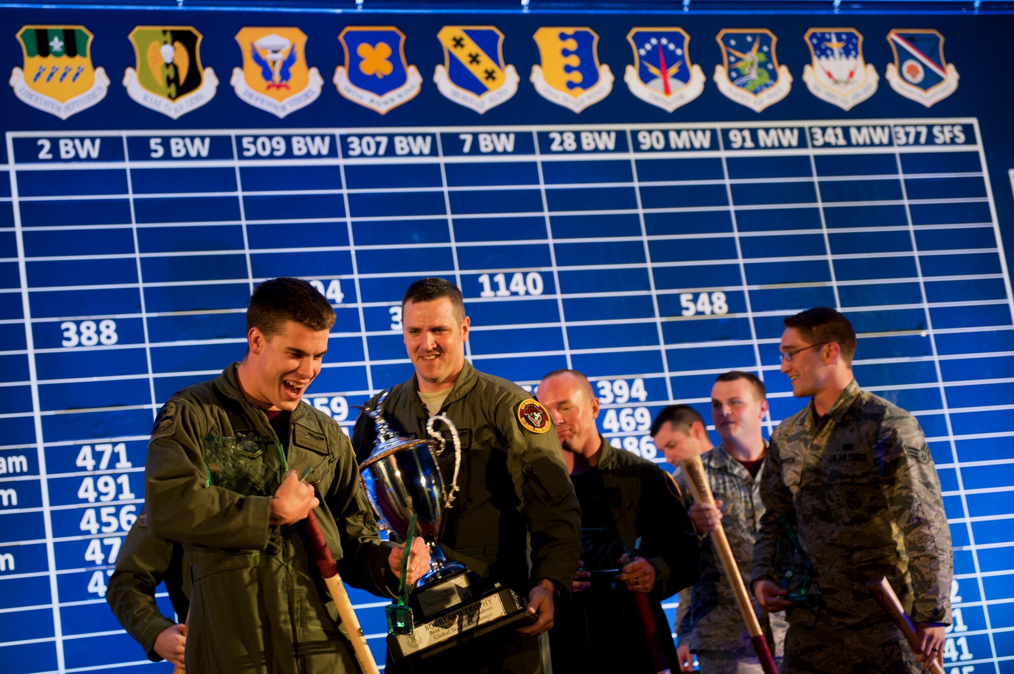 The 91st Missile Wing celebrates after winning best helicopter emergency security response crew, best search and rescue crew and the Bourland Trophy during the Global Strike Challenge score posting event on Barksdale Air Force Base, La., Nov. 5, 2014. Participants in the 2014 GSC included Air Force Global Strike Command's six wings plus units from Air Combat Command, Air Force Reserve Command and the Air National Guard. (U.S. Air force photo/Senior Airman Brittany Y. Bateman)