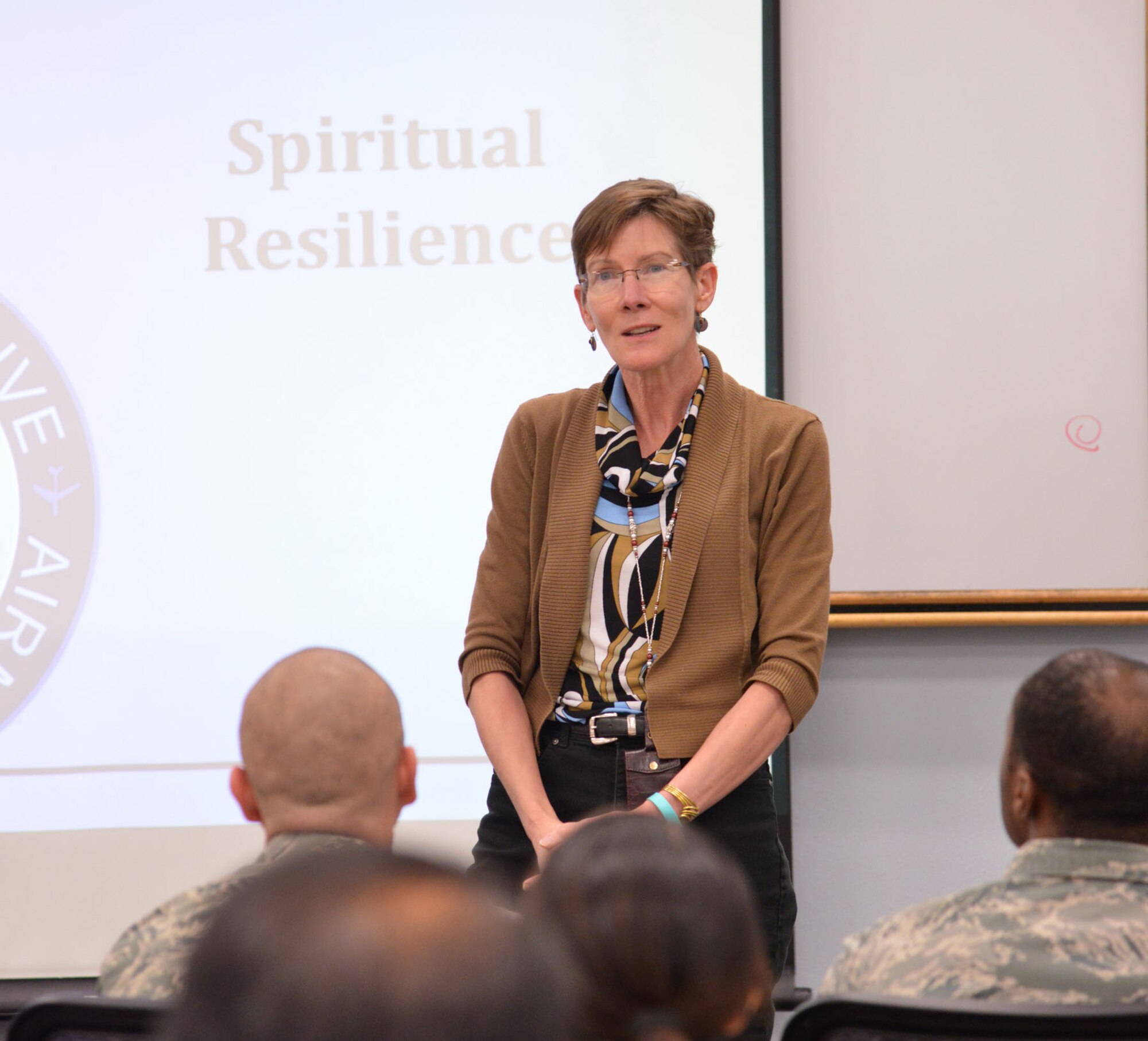 Teresa Reinhard, Kirtland community support coordinator  teaches a spiritual resilience class for Airmen. The courses, held on Oct. 30 and 31, were to help Airmen monitor their wellness. (Photo by Jaime Burnett)