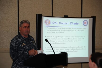 Captain Timothy Sparks, Joint Base Charleston deputy commander kicks off the Quality of Life Council meeting Nov. 3 at the Charleston Club. Base leadership opened up the floor to the JB Charleston community and provided a forum for members to have their questions answered and for some, their issues resolved. (U.S. Air Force photo/Trisha Gallaway)