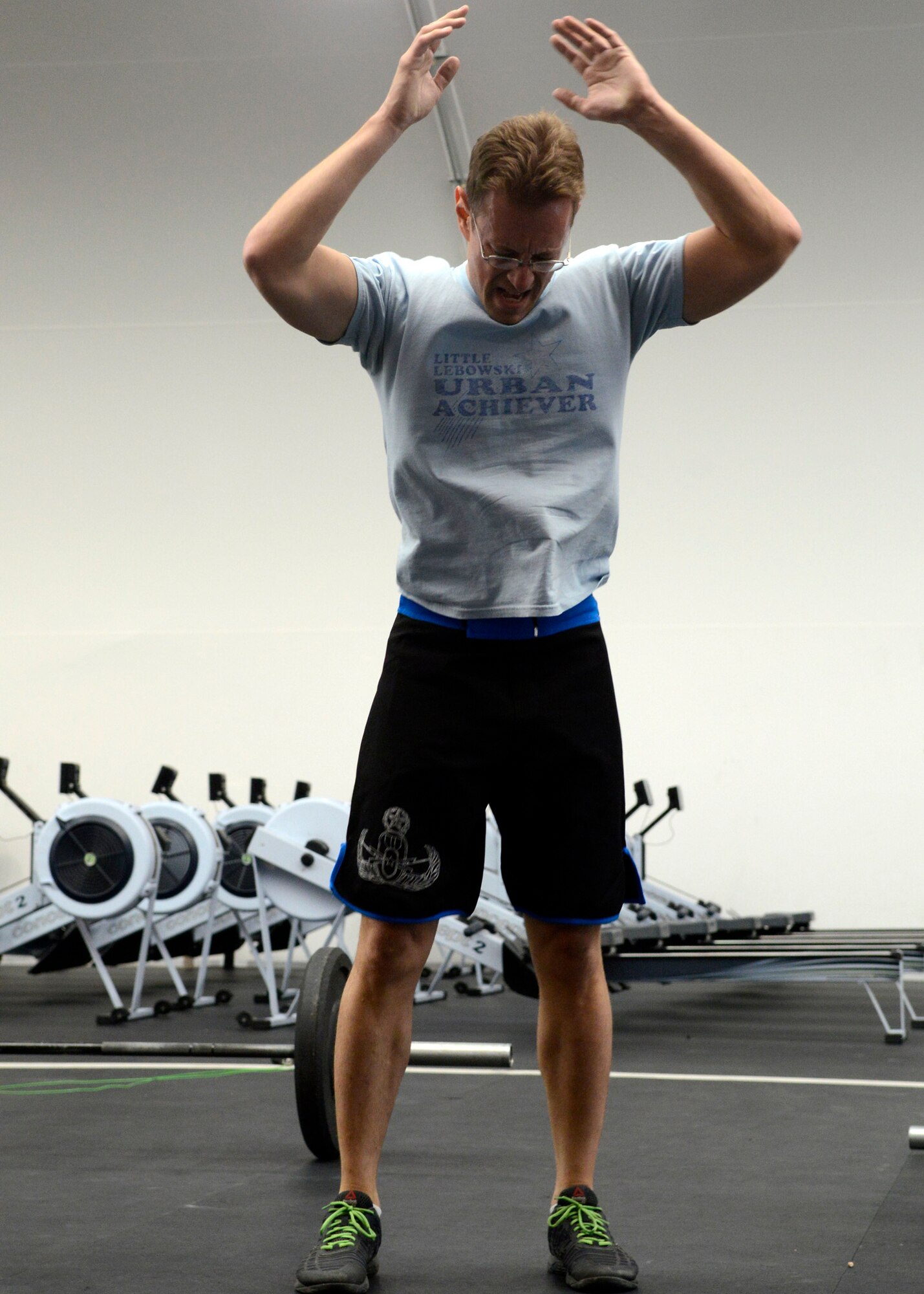 Staff Sgt. Mike Harkavi, 56th Civil Engineer Squadron Explosive Disposal technician, performs a burpee Oct. 31 during a CFC funraiser challenge at the Luke Air Force Base Combat PT Center. Harkavi finished the challenge with 110 burpees. (U.S. Air Force photo/Senior Airman Devante Williams)