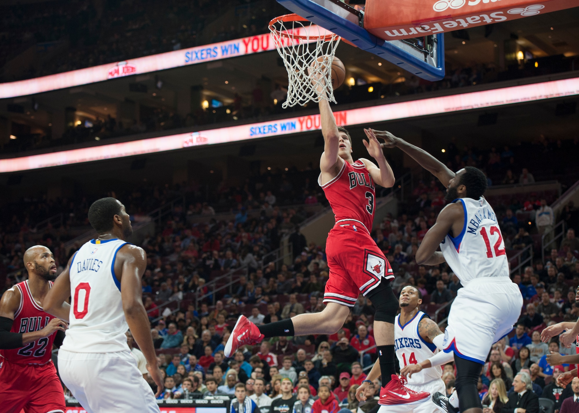 Doug McDermott, Bulls forward, goes up for a layup during the 2nd quarter of play of a Chicago Bulls versus Philadelphia 76ers basketball game Nov. 7, 2014, at the Wells Fargo Center, in Philadelphia. The Bulls beat the 76ers, 118-115, for their fourth straight win. (U.S. Air Force photo/Airman 1st Class Zachary Cacicia)