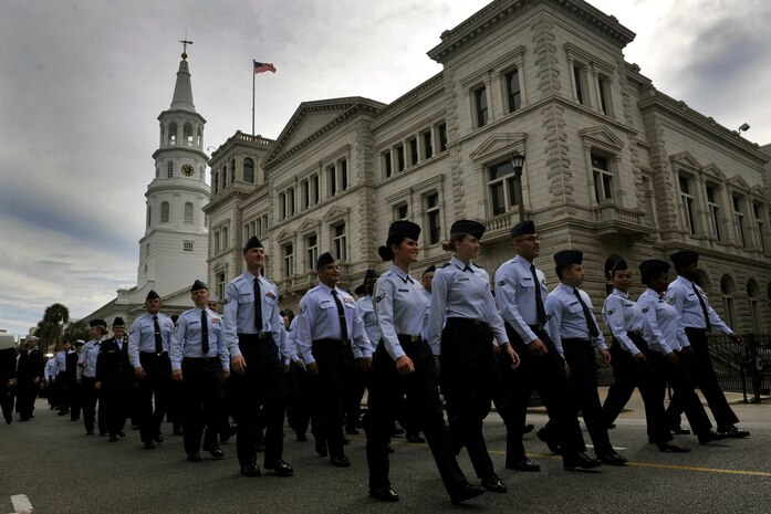 Members of Joint Base Charleston participate in the Veterans Day Parade Nov. 8, 2014, in Charleston, S.C. More than 90 Airmen and Sailors from JB Charleston participated in the 1.2 mile parade through the historic downtown streets of Charleston. (U.S. Air Force photo/Staff Sgt. Renae Pittman)