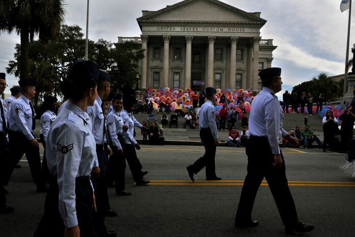 Members of Joint Base Charleston participate in the Veterans Day Parade Nov. 8, 2014, in Charleston, S.C. More than 90 Airmen and Sailors from JB Charleston participated in the 1.2 mile parade through the historic downtown streets of Charleston. (U.S. Air Force photo/Staff Sgt. Renae Pittman)