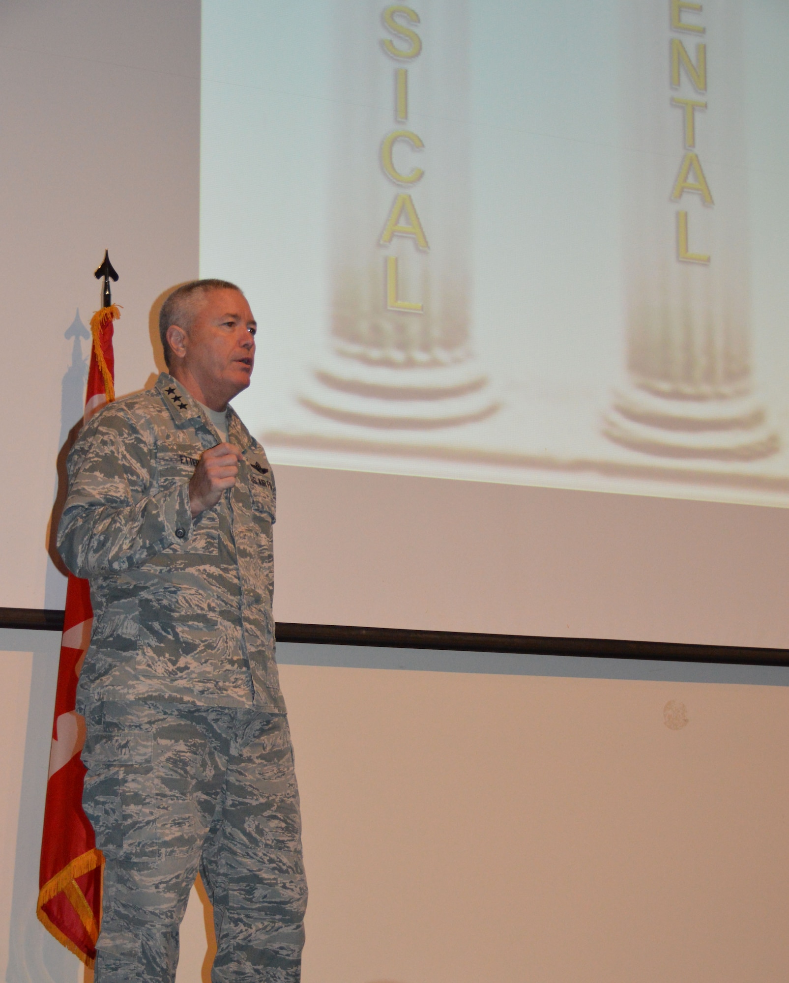 Lt. Gen. William Etter, 1st Air Force (Air Forces Northern) commander, discusses the importance of the four pillars of Comprehensive Airman Fitness. This CAF focused on Spiritual Fitness and the importance to adhering to beliefs, principles or the values needed to persevere and prevail in accomplishing military missions. (Photo by Leslie Brown)  