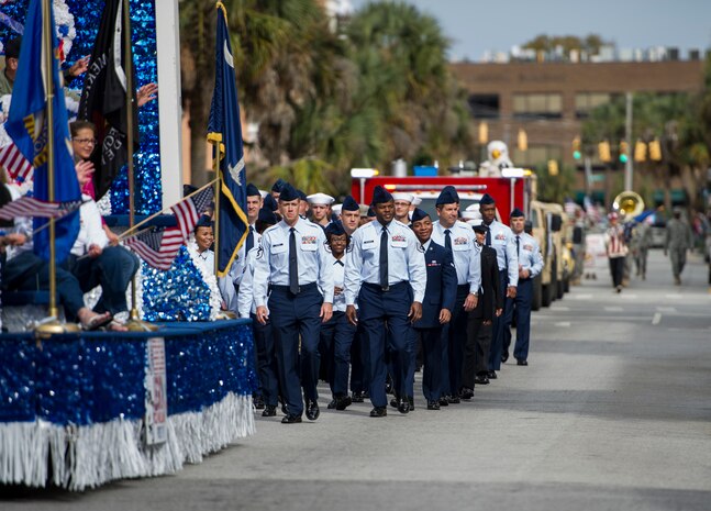 Members of Joint Base Charleston participate in the Ralph H. Johnson Veterans Hospital Annual Veterans Day parade Nov. 8, 2014, in Charleston, S.C. The Veterans Day parade featured various service members and ROTC/JROTC cadets as well as retirees from all branches of the U.S. military. The origins of the holiday date back to President Woodrow Wilson who proclaimed Armistice Day to mark the end of World War I. The armistice between Germany and the Allied nations that ended WWI was signed on that day and a ceasefire went into effect on the 11th hour of the 11th day of the 11th month in 1918. (U.S. Air Force photo/Airman 1st Class Clayton Cupit) (U.S. Air Force photo/Airman 1st Class Clayton Cupit)