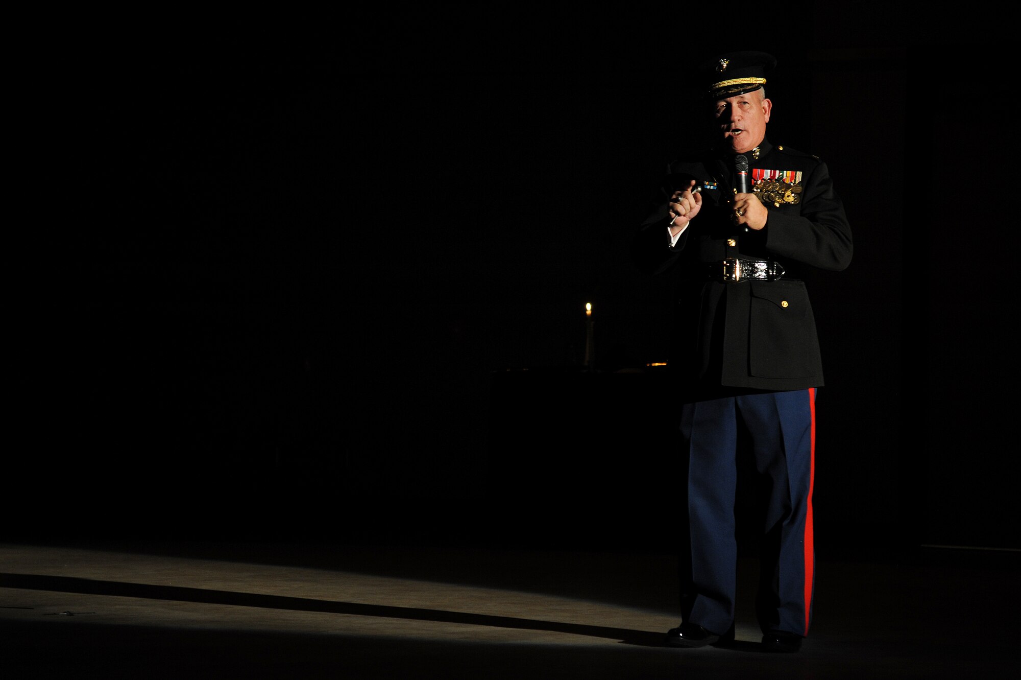 SAN ANGELO, Texas – Retired Marine Maj. Stew Rayfield, guest speaker, speaks during the Marine Corps Ball at the McNease Convention Center Nov. 8. Rayfield shared stories about his time in the Marine Corps as well as the origin of the term oorah. (U.S. Air Force photo/ Airman 1st Class Devin Boyer)