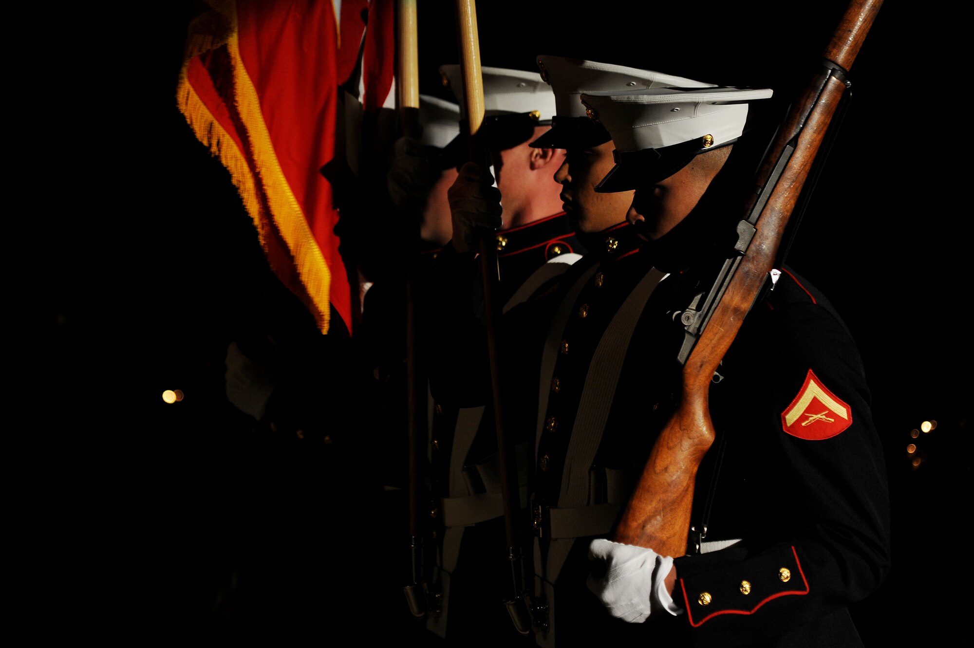 SAN ANGELO, Texas – The Marine Corps Color Guard prepare to retire the colors during the Marine Corps Ball at the McNease Convention Center Nov. 8. They presented the American flag and Marine Corps flag during the singing of the national anthem. (U.S. Air Force photo/ Airman 1st Class Devin Boyer)