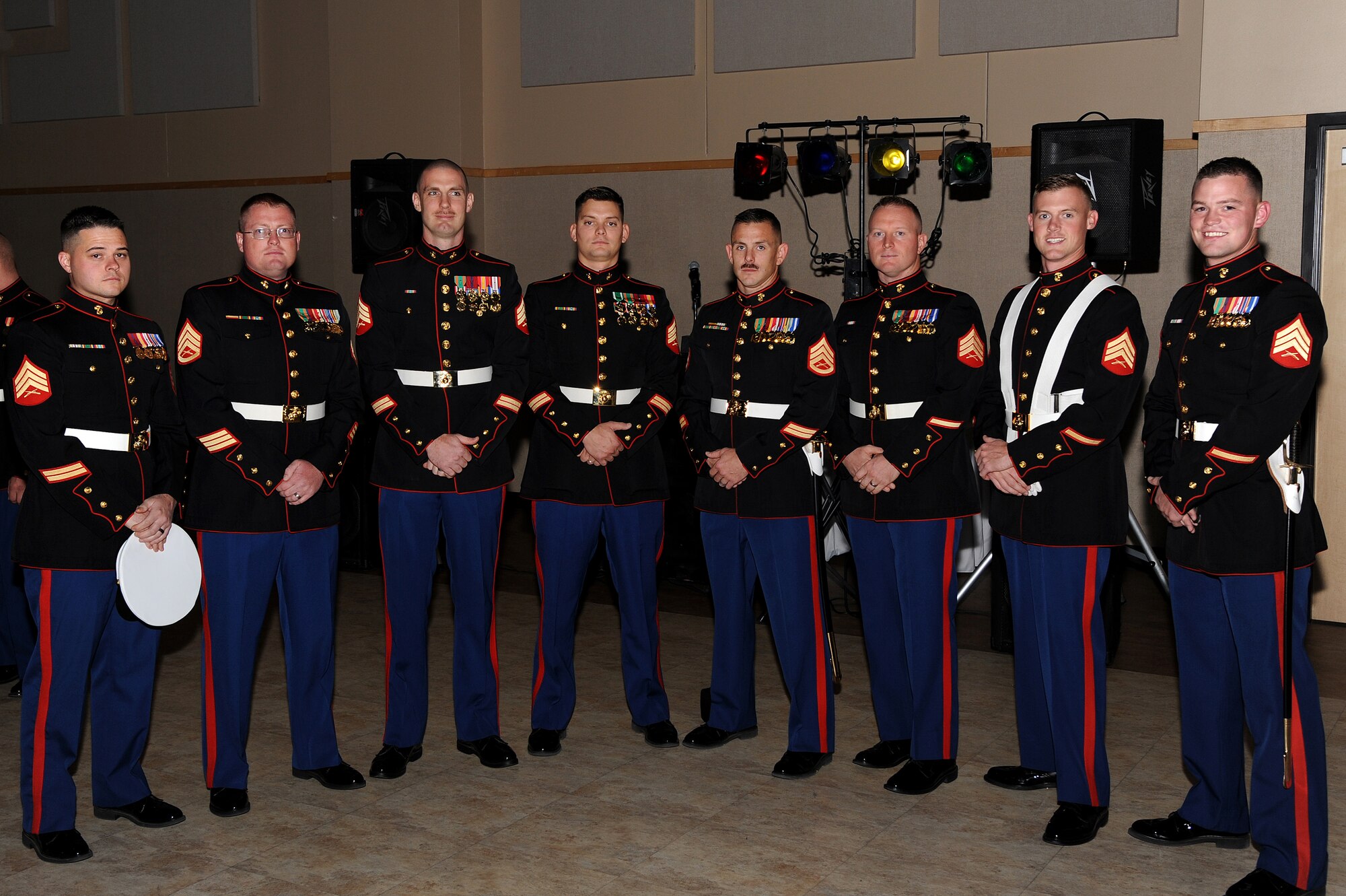 SAN ANGELO, Texas – Marines pose for a photo during the Marine Corps Ball at the McNease Convention Center Nov. 8. The ball consisted of a social hour, a message from the Marine Corps Commandant, a cake cutting ceremony and a dinner with dancing. (U.S. Air Force photo/ Airman 1st Class Devin Boyer)