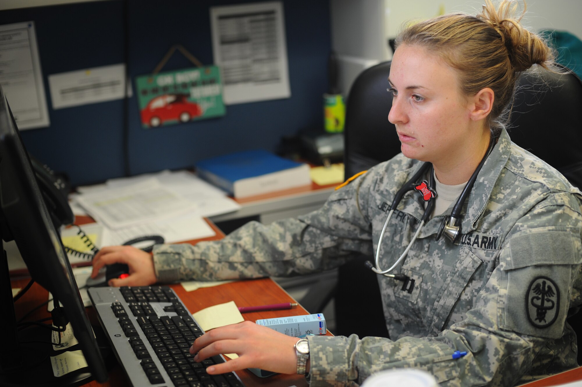 Army Capt. Amanda Jeffries, Chief of Dover Branch Veterinary Services, inputs patient information into her computer after a visit, October 15, 2014, at the Veterinary Treatment Facility on Dover Air Force Base, Del. The VTF now maintains all their patient records electronically. (U.S. Air Force photo by Staff Sgt. Elizabeth Morris)