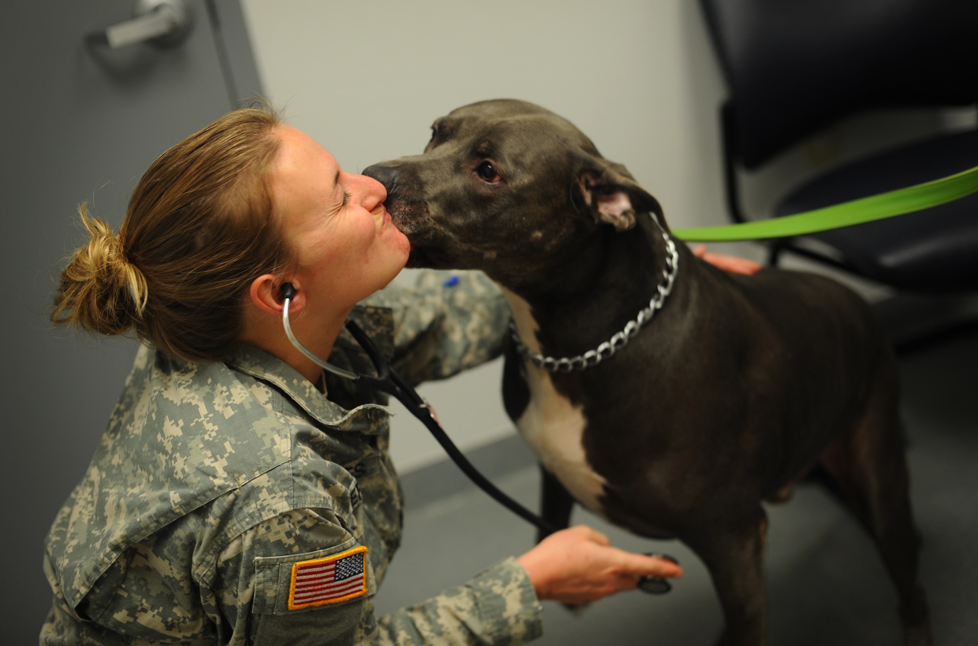 Army Capt. Amanda Jeffries, Chief of Dover Branch Veterinary Services, receives a kiss from her patient Dutch prior to an examination October 15, 2014, at the Veterinary Treatment Facility on Dover Air Force Base, Del. While the main mission of the VTF is to care for the 436th Security Forces Squadron Military Working Dogs, they also provide wellness appointments for privately owned animals. (U.S. Air Force photo by Staff Sgt. Elizabeth Morris)