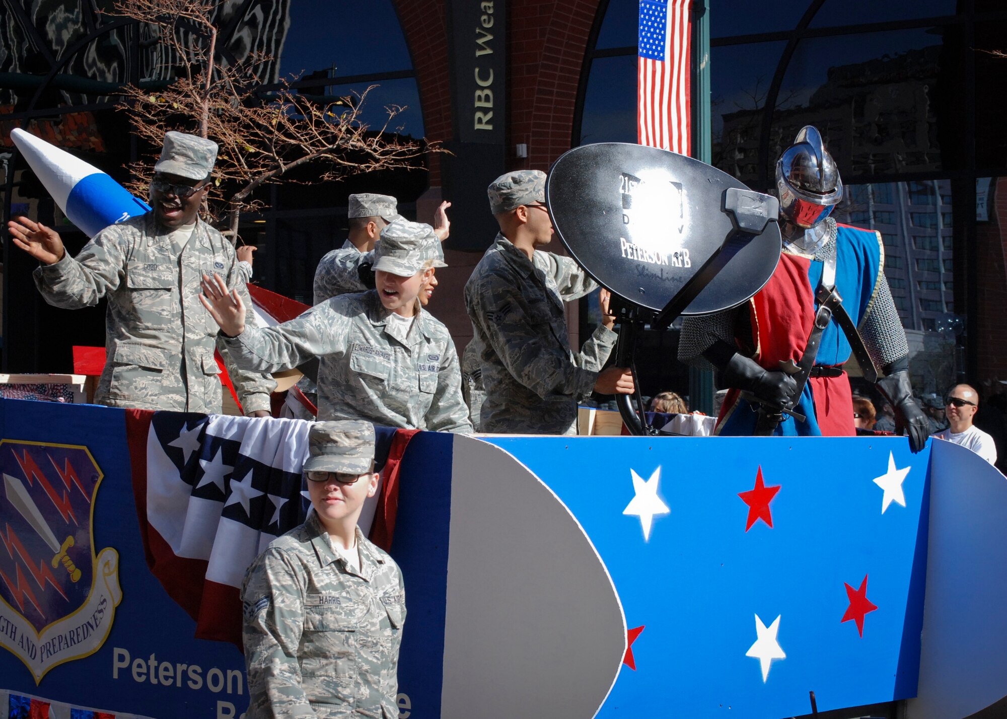 COLORADO SPRINGS, Colo. – Iron Mike, 21st Space Wing mascot, took the helm of the 21st SW float in the Colorado Springs Veterans Day parade Nov. 8 in downtown Colorado Springs. Thousands of people lined Tejon Street for the 15th annual parade honoring veterans. (U.S. Air Force photo/Steve Brady)