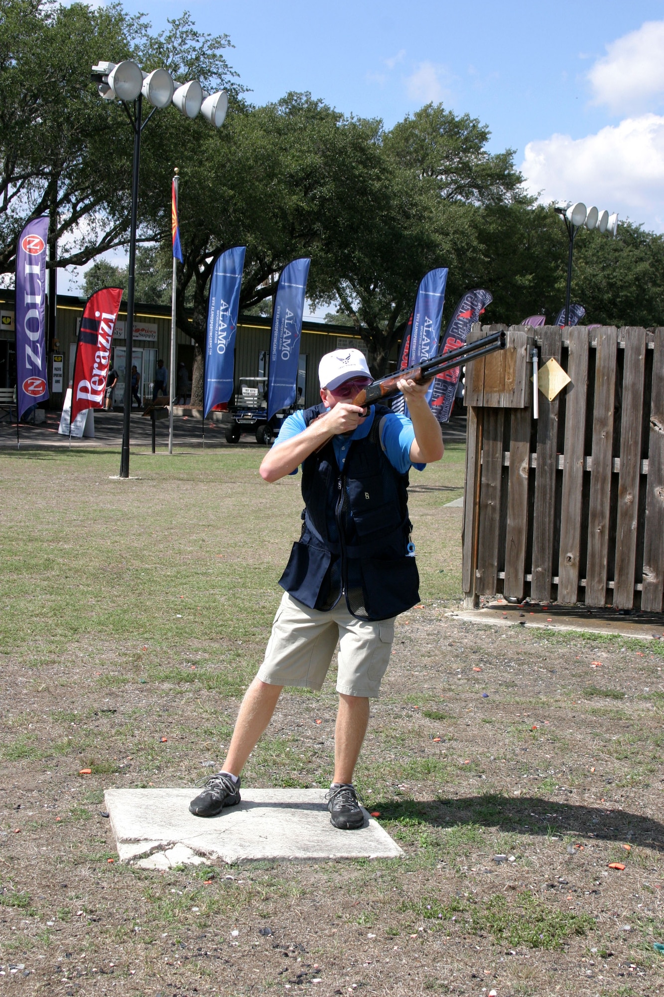Capt. Andrew Thorsen, 28th Medical Operations Squadron general dentist, fires at targets during the 2014 World Skeet Championship at the National Shooting Complex, San Antonio, Texas, Sept. 26, 2014. Thorsen participated as a member of the Air Force skeet team and won World Military Champion in the 28-gauge event. (Courtesy photo)
