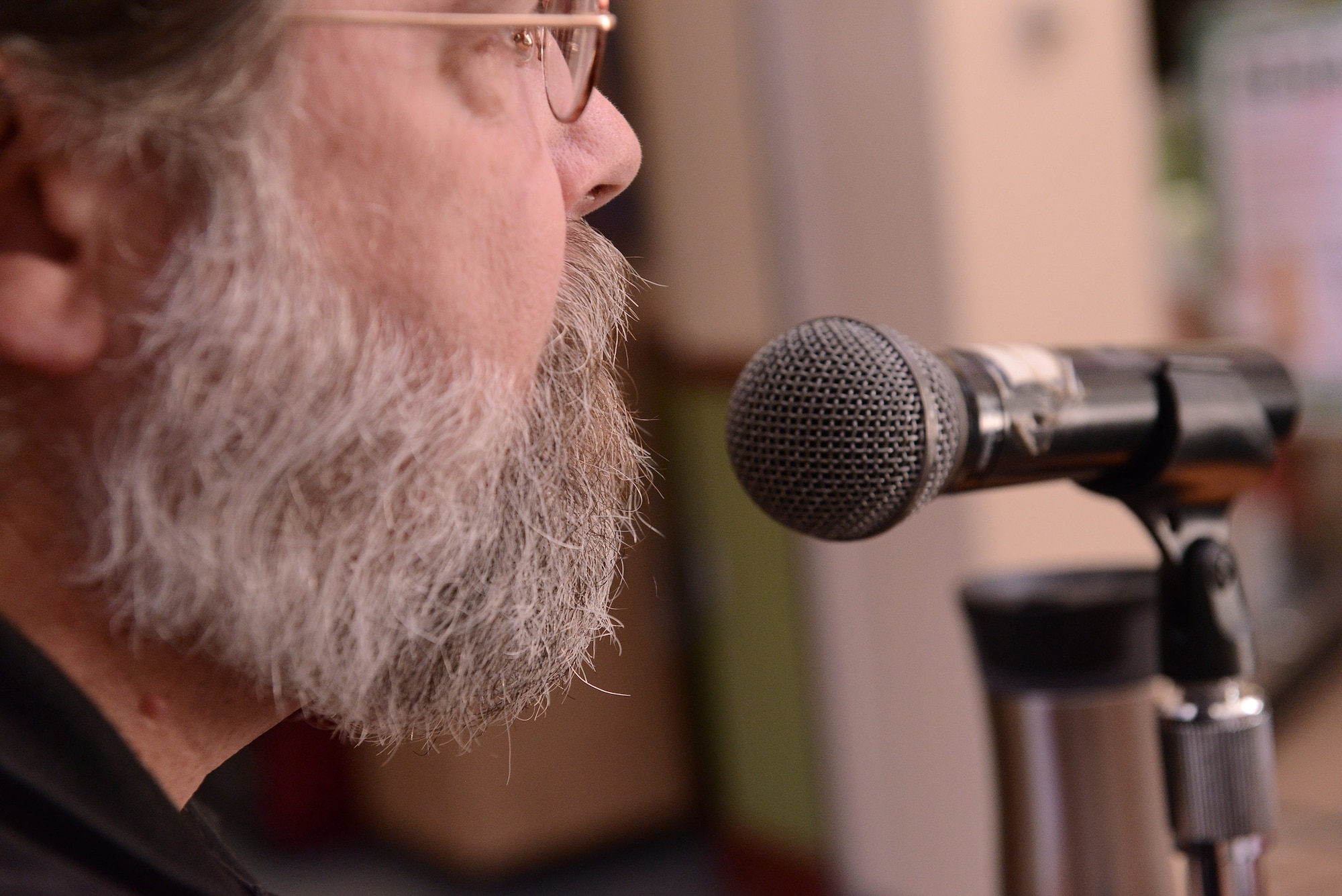 Derek Burress, Good Morning Sumter radio show host, talks live from Shaw Air Force Base, S.C., Nov. 7, 2014. The radio show connects Sumter with the on-goings of Shaw and can be heard on WDXY 1240 AM and 105.9 FM. (U.S. Air Force photo by Airman 1st Class Diana M. Cossaboom/Released) 