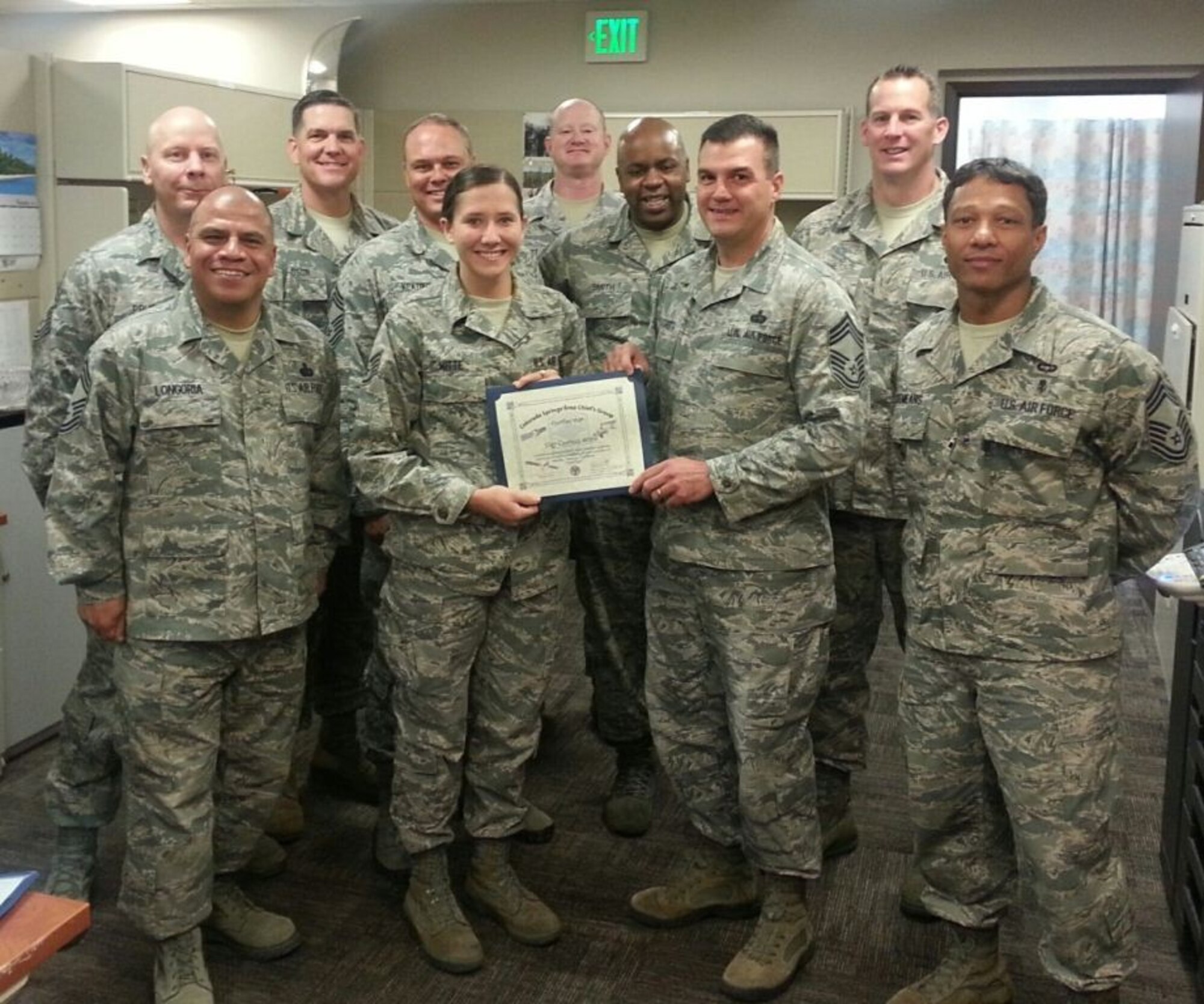 PETERSON AIR FORCE BASE, Colo. -- The Chiefs Group presented its “Chiefs' Choice” award Nov. 6 to Staff Sgt. Cerrissa Witte in recognition of her professionalism, positive attitude and care provided to her patients. Witte works in the 21st Medical Operations Squadron Physical Therapy Clinic. (U.S. Air Force photo)