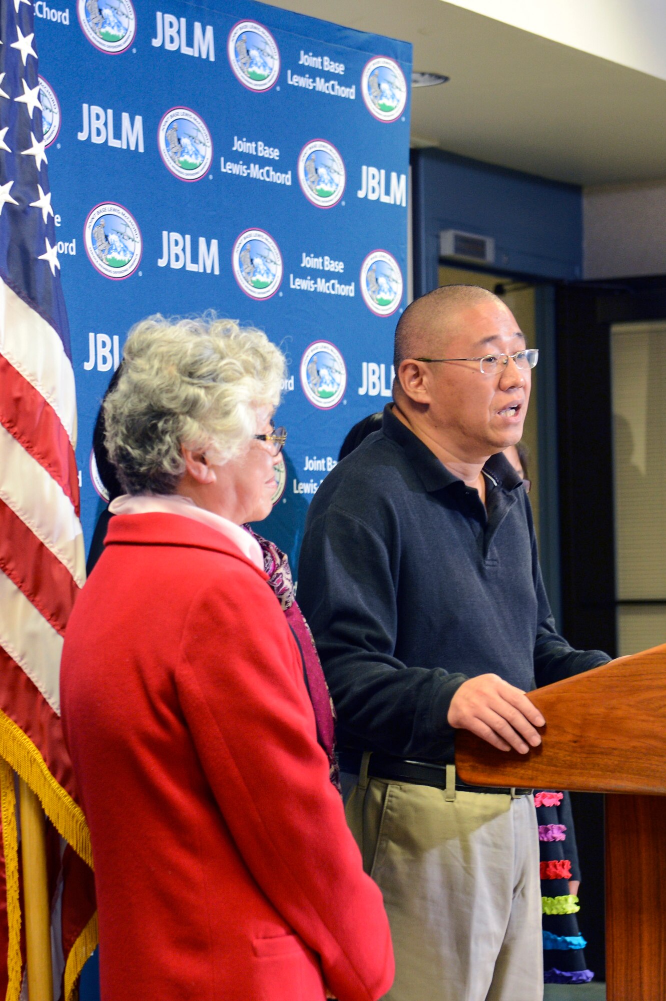 Kenneth Bae, one of the last two American citizens imprisoned in North Korea, addresses the media during a press conference and thanked President Obama, the State Department and the North Korean government for his release Nov. 8th, 2014, at Joint Base Lewis-McChord, Wash.  James Clapper, U.S. Director of National Intelligence went to Pyongyang, North Korea and secured the release of the two men after meeting with North Korean officials. (U.S. Air Force photo/Staff Sgt. Russ Jackson)