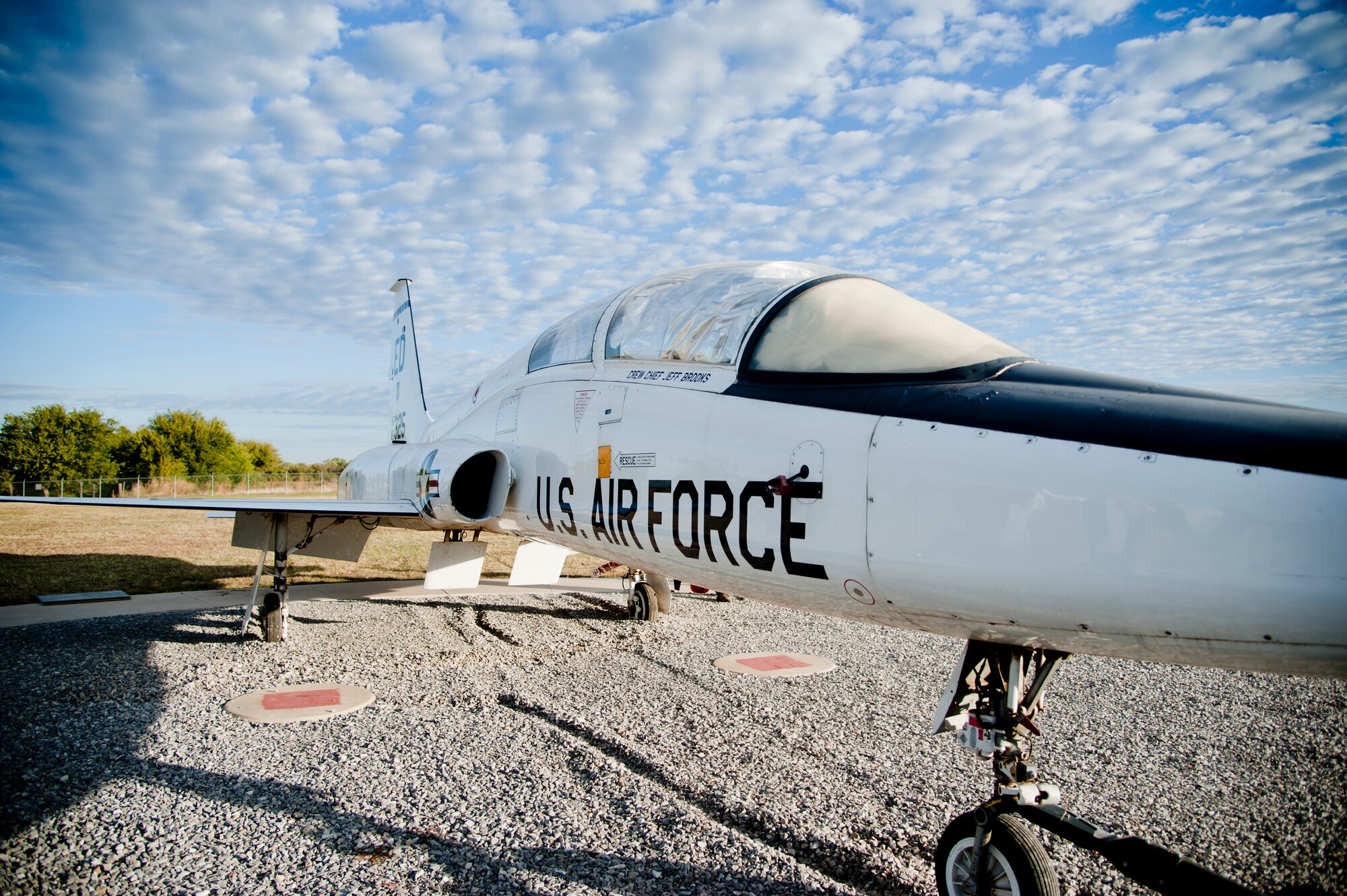 Members from the aircraft maintenance section, place a T-38 Talon at the base airpark near the main gate entrance Nov. 1 to be displayed as a static at Vance Air Force Base, Oklahoma. This T-38 came to Vance from Warner Robins, AFB, Georgia.  Members from the Enid community donated funds to bring the plane to Vance. (U.S. Air Force photo/Staff Sgt. Nancy Falcon)