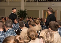 Chief of Naval Personnel, Vice Adm. Bill Moran, addresses topics affecting Sailor’s every day military life and career at an All Hands Call Nov.7 at Joint Base San Antonio-Lackland. Moran’s tour of the area began Nov. 6 at the Navy Hospital Corpsmen A-School and Center for the Intrepid at JBSA-Fort Sam Houston. Prior to the All Hands Call, Moran toured the Navy Master-at-Arms A-School grounds at JBSA-Lackland (U.S. Air Force photo by Airman Justine Rho/released).
