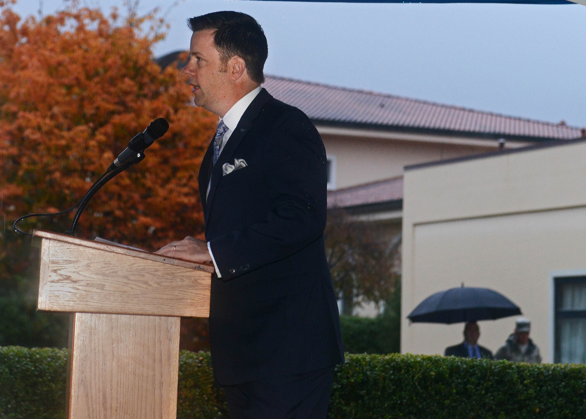 Retired Chief Master. Sgt. Rob Frank, Air Force Sergeants Association CEO, speaks during a Veterans Day Ceremony, Nov. 10, 2014, at Aviano Air Base, Italy. Veterans Day is observed annually on November 11 and honors those who have served in the U.S. armed services. (U.S. Air Force photo/Airman 1st Class Deana Heitzman)