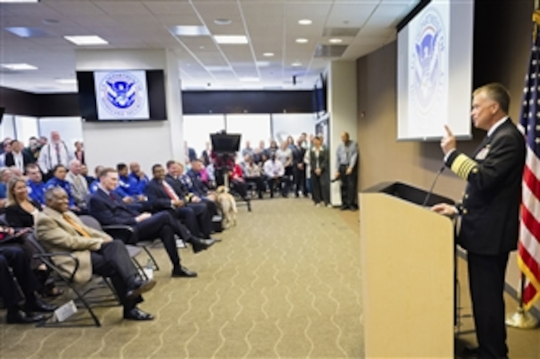 Navy Adm. James A. Winnefeld Jr., vice chairman of the Joint Chiefs of Staff, makes remarks during a Veterans Day ceremony at Transportation Security Administration headquarters in Arlington, Va., Nov. 10, 2014. The event highlighted TSA's new initiatives which include efforts to hire more veterans and to make traveleasier for service members and veterans. 
