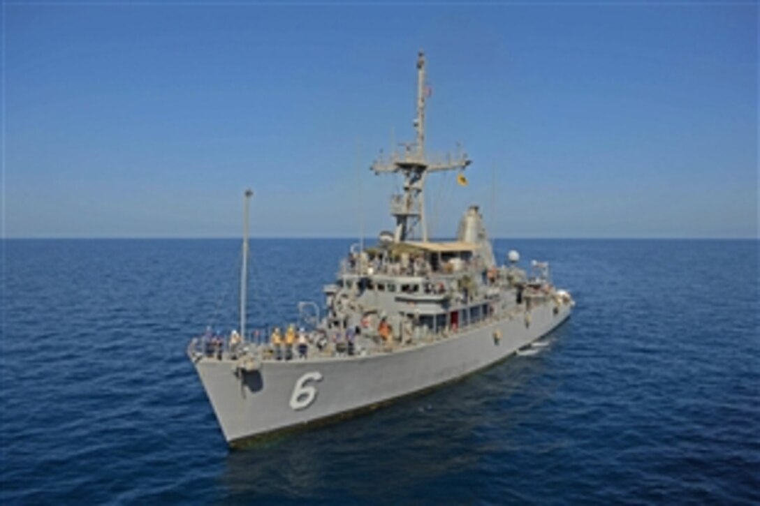 The USS Devastator prepares to resupply during the International Mine Countermeasures Exercise in the Gulf of Oman, Nov. 6, 2014. The exercise is the largest international naval exercise promoting maritime security and the free flow of trade through mine countermeasure operations, maritime security operations, and maritime infrastructure protection in the U.S. 5th Fleet area of responsibility and throughout the world. 
