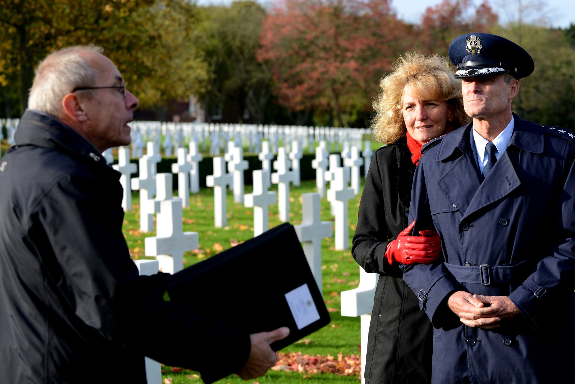 U.S. Air Force Lt. Gen. Darryl Roberson, 3rd Air Force commander, and his
wife Cheryl, receive a private tour from Arthur Brookes, Cemetery
Interpretive Guide, following the Veterans Day ceremony at Cambridge
American Cemetery, United Kingdom, Nov. 11, 2014. The ceremony honored both
the 3,812 American Service members buried at the cemetery, along with
veterans, past and present. (U.S. Air Force photo by Tech. Sgt. Chrissy
Best/Released)