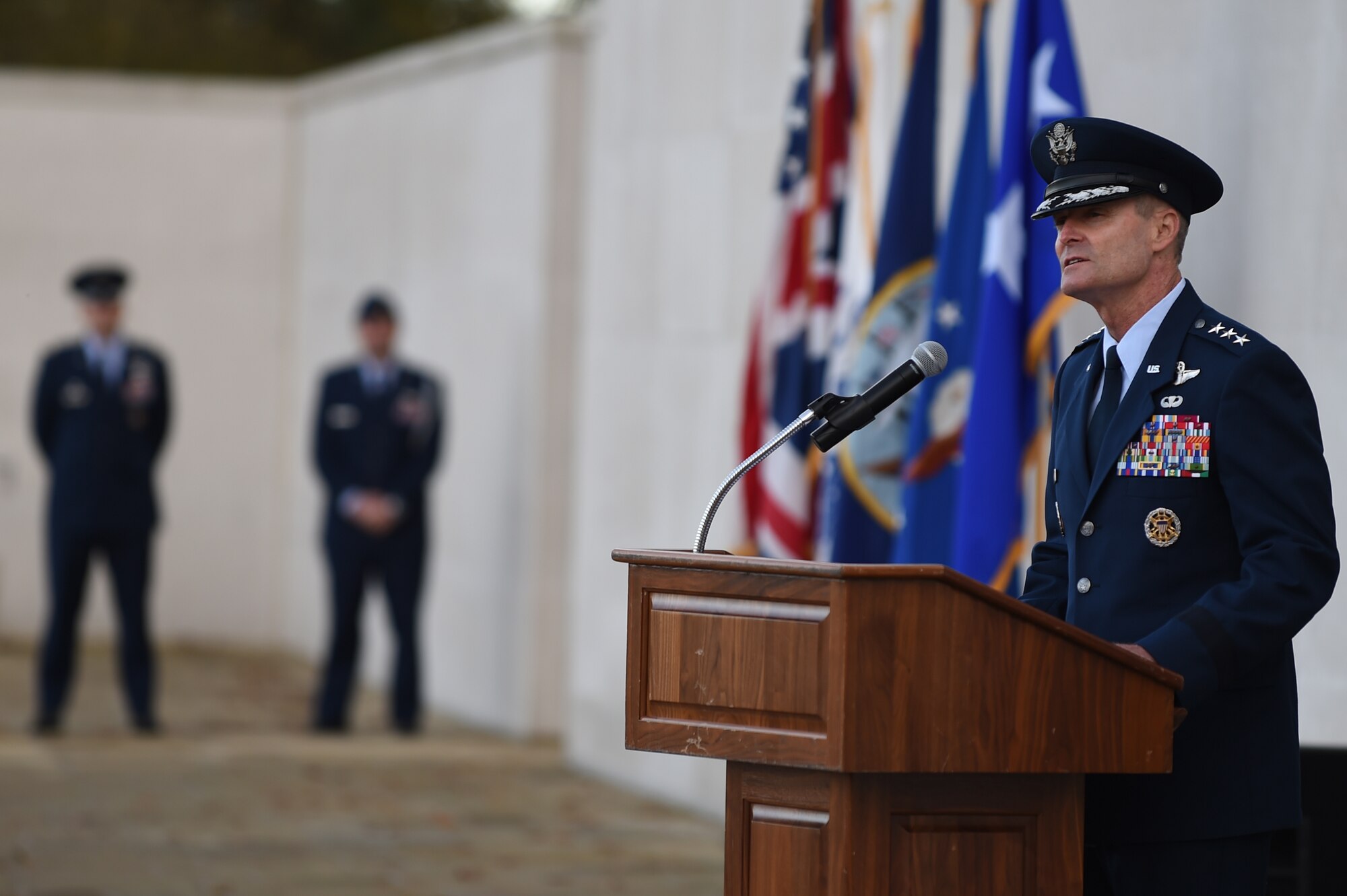 U.S. Air Force Lt. Gen. Darryl Roberson, 3rd Air Force commander, speaks during a Veterans Day ceremony at Cambridge American Cemetery, United Kingdom, Nov. 11, 2014. Roberson joined American and Royal Air Force Service members, along with civilians and local leaders, to honor the dedication and sacrifices of veterans throughout history. (U.S. Air Force photo by Staff Sgt. Jarad A. Denton/Released)