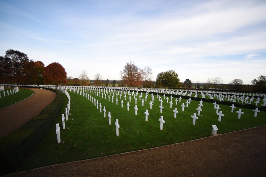 Rows of tombstones line the vast expanse at Cambridge American Cemetery, United Kingdom, Nov. 11, 2014. The cemetery was dedicated in 1956 as the final resting place of 3,812 American Service members. (U.S. Air Force photo by Staff Sgt. Jarad A. Denton/Released)