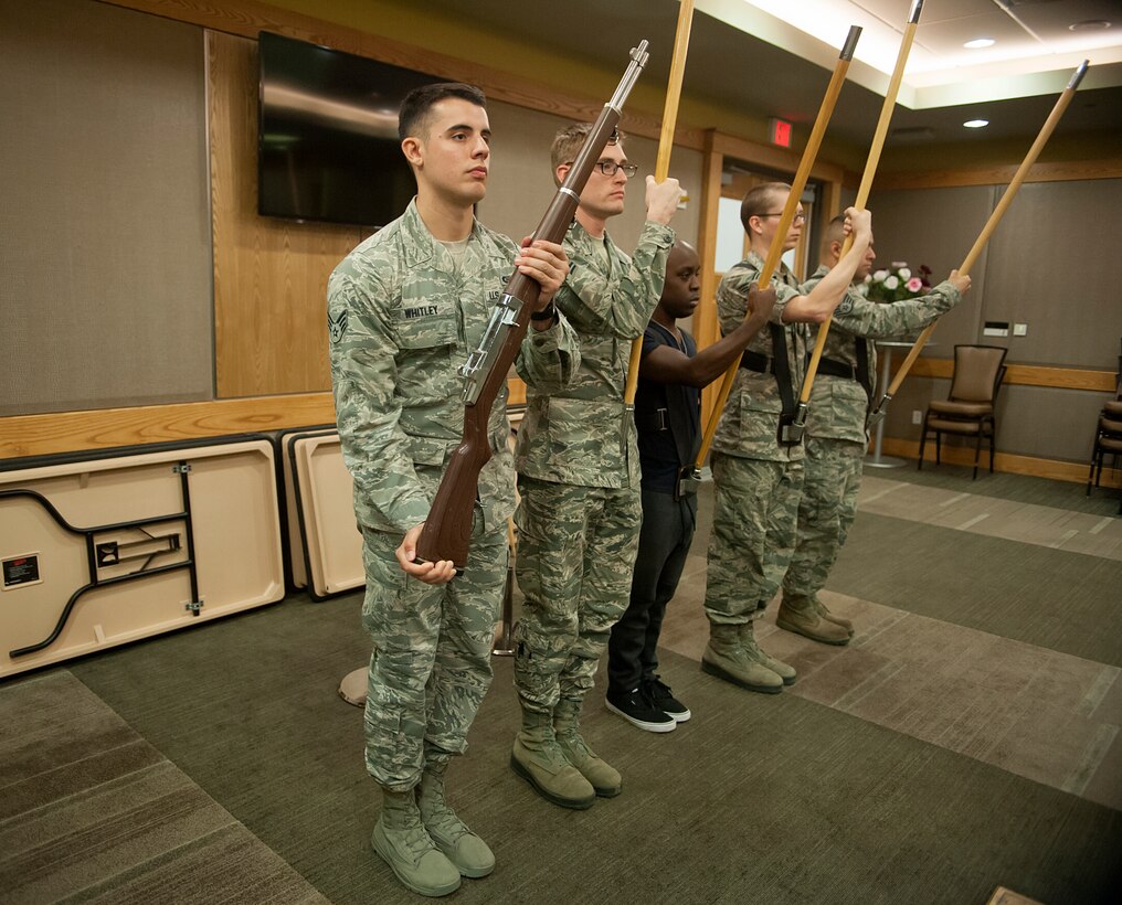 Osan Honor Guard members practice the posting of colors during Honor Guard practice at Osan Air Base, Republic of Korea, Oct. 30, 2014. Osan Honor Guard members are all volunteers, meaning they don't have a timed commitment like other Air Forces bases. (U.S. Air Force photo by Senior Airman Matthew Lancaster)