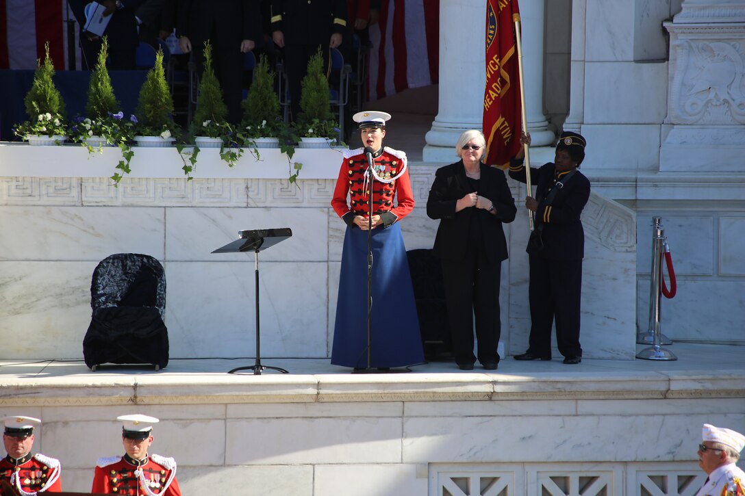 On Nov. 11, 2014, "The President's Own" U.S. Marine Band, conducted by Director Lt. Col. Jason K. Fettig, performed at the annual Veterans Day Observance at Arlington National Cemetery's Memorial Amphitheater in Arlington, Va. Vice President Joe Biden laid a wreath at the Tomb of the Unknown Soldier and gave remarks to the capacity crowd. (U.S. Marine Corps photo by Master Sgt. Kristin duBois/released)