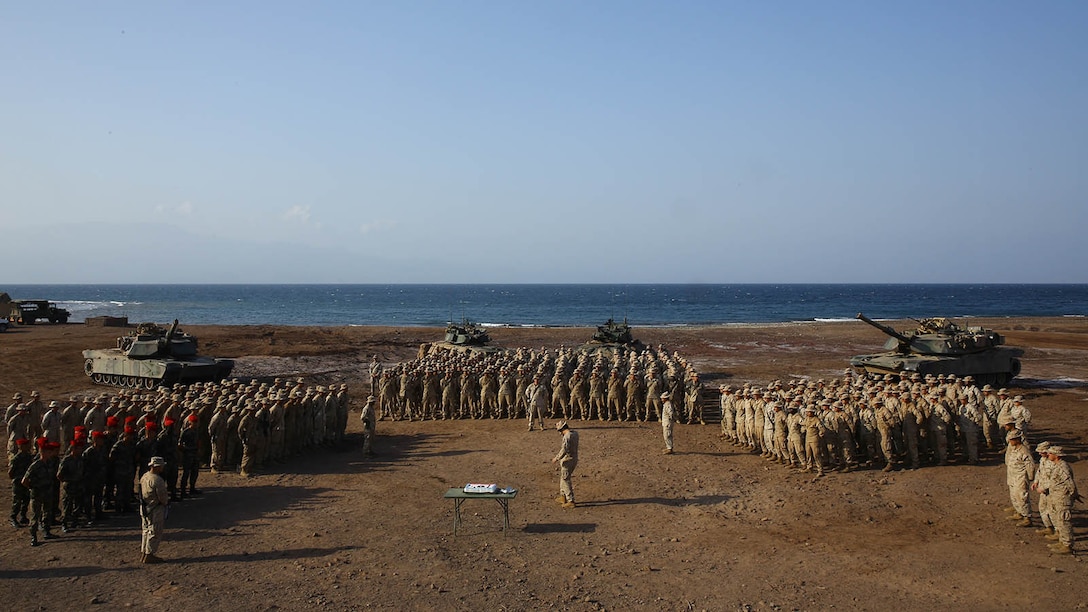 U.S. Marines with the 11th Marine Expeditionary Unit (MEU), celebrate the 239th birthday of the United States Marine Corps during sustainment training in D'Arta Plage, Djibouti, Nov. 10. The 11th MEU is deployed as a theater reserve and crisis response force throughout U.S. Central Command and 5th Fleet area of responsibility. )