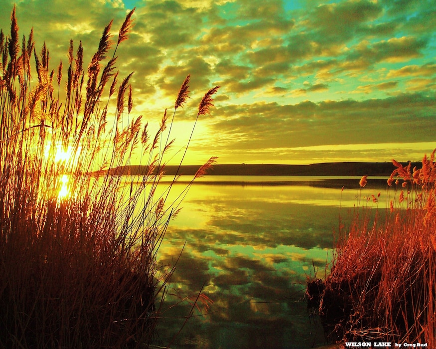  A sunrise with clouds in the background and grass in the foreground. 