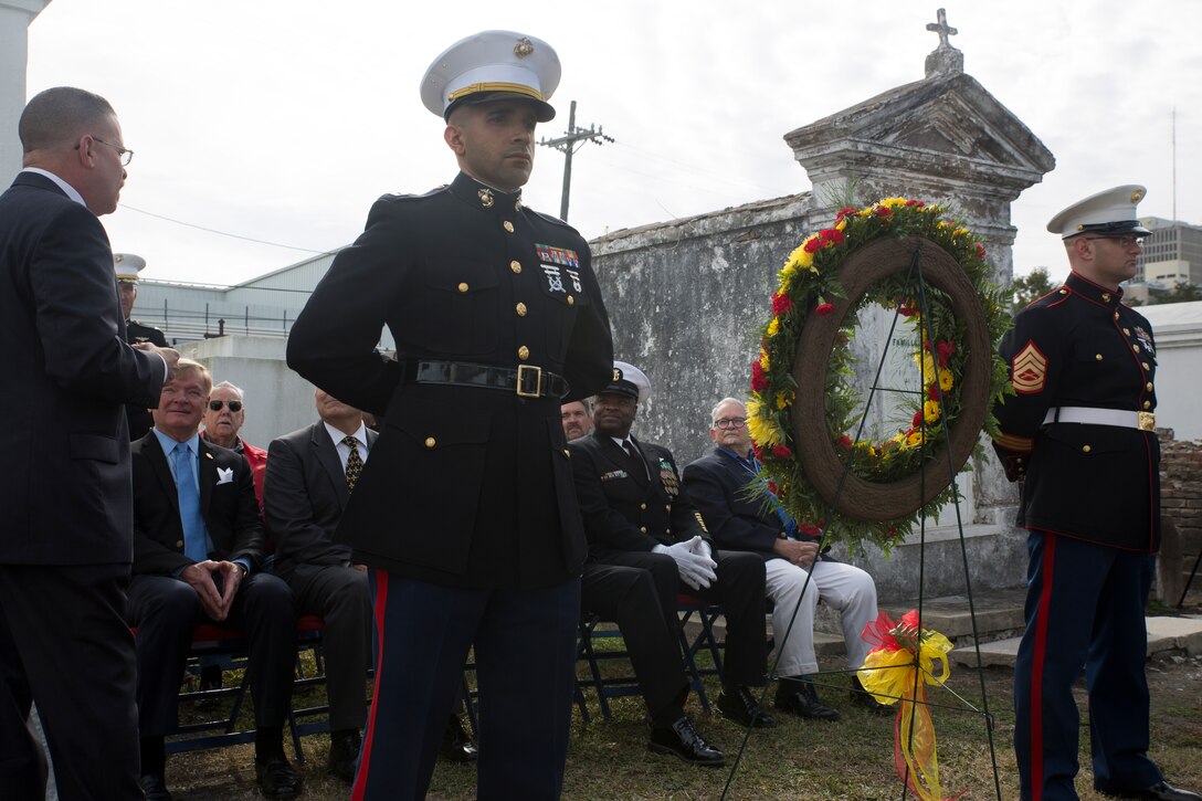 Marines from Marine Forces Reserve participate in a wreath-laying ceremony at the St. Louis Cemetery #2 in New Orleans, Nov. 8, 2014. The ceremony honored Maj. Daniel Carmick, who fought in the War of 1812. Carmick distinguished himself by commanding Marines in the Battle of New Orleans which helped repel British forces who sought to seize the city. 