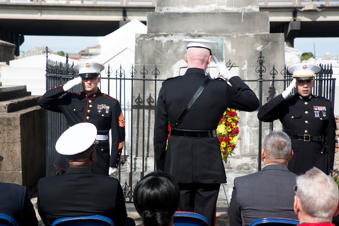 Marines from Marine Forces Reserve honor a fallen Marine during a wreath-laying ceremony at the St. Louis Cemetery in New Orleans, Nov. 8, 2014. The ceremony honored Maj. Daniel Carmick, who fought in the War of 1812. Carmick distinguished himself by commanding Marines in the Battle of New Orleans and was named the commandant of a separate post. 