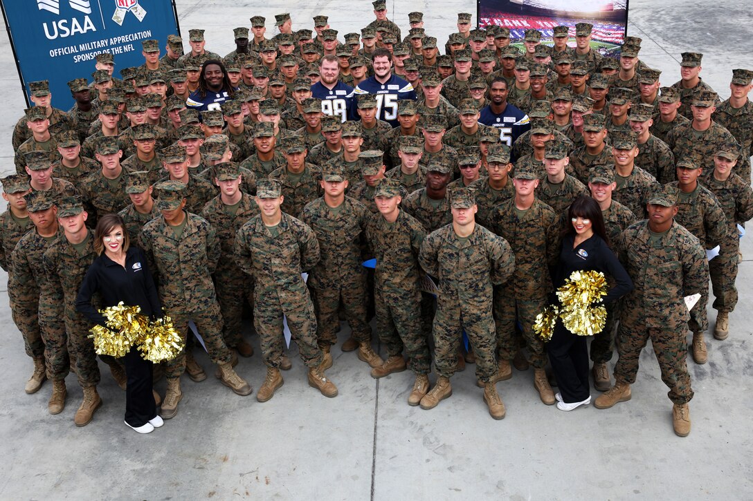 Players and cheerleaders from the NFL Chargers team visit Marines at the Assault Amphibian School Battalion here Nov. 11. The players and cheerleaders volunteered their time to visit the base as part of the Salute to Service military appreciation campaign. While here, the players and cheerleaders met with students and staff at the AAS BN as well as received a tour of the assault amphibian vehicles and the AAV up-gun weapons station simulator.
