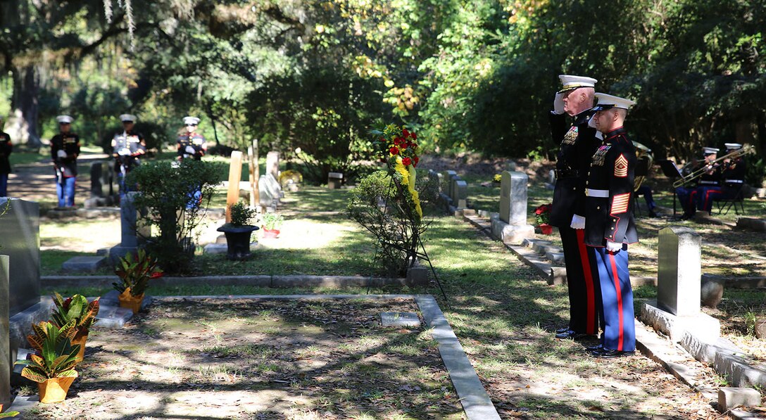Lt. Gen. Richard P. Mills, commander of Marine Forces Reserve, salutes the grave of Gen. Robert H. Barrow, 27th Commandant of the Marine Corps, during a wreath-laying ceremony at Grace Church of West Feliciana Cemetery in St. Francisville, La., Nov. 10, 2014.  The ceremony is part of an annual Marine Corps-wide tradition where Marines lay wreaths on the gravesites of former commandants and sergeants major of the Marine Corps.  Barrow served as the Corps' commandant from 1979 to 1983 and distinguished himself during World War II, the Korean War, and the Vietnam conflict. (U.S. Marine Corps Photo by GySgt. Katesha Washington/Released)
